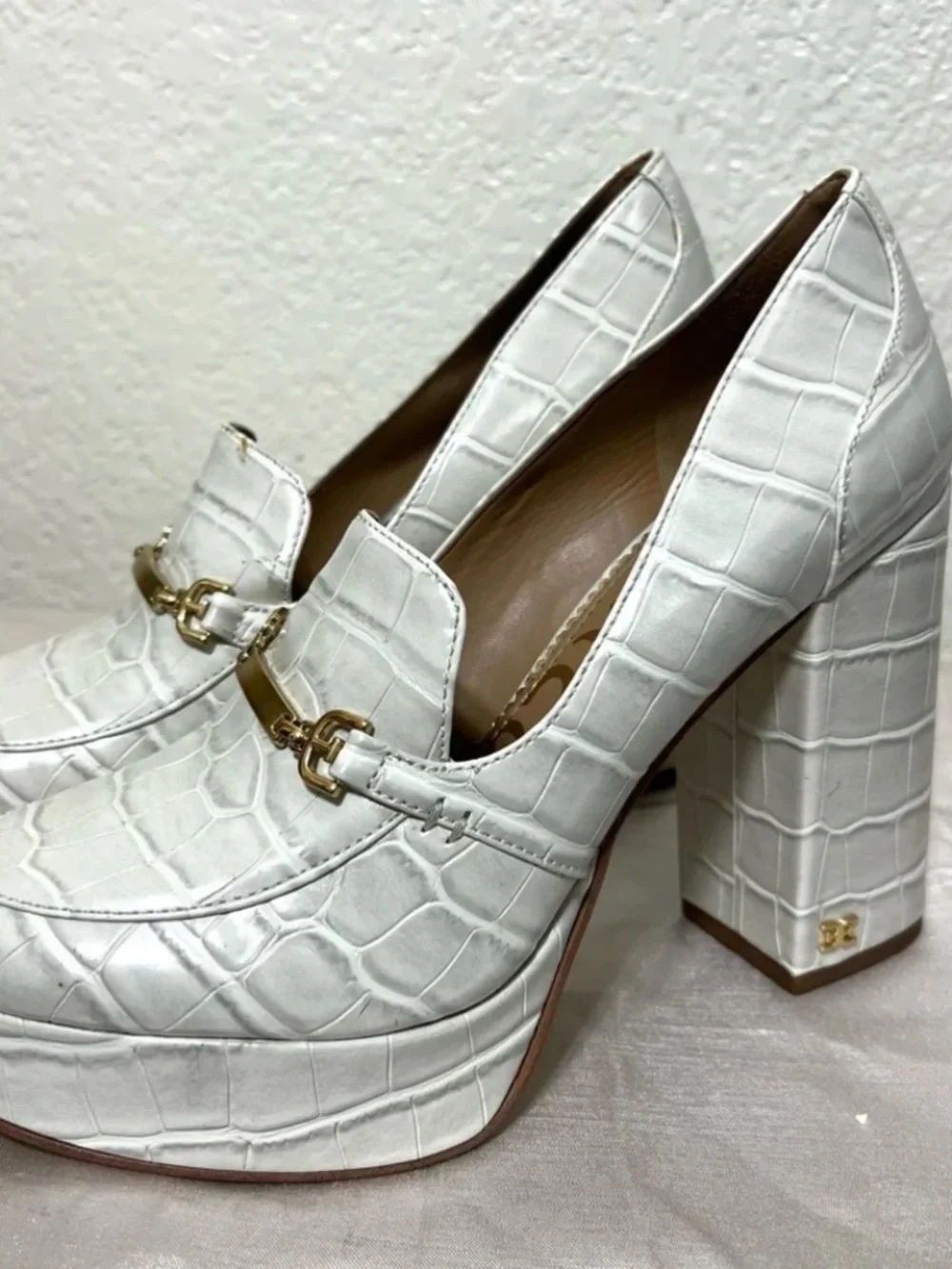 Sam Edelman Aurelie Platform Loafer Croc Embossed Horse Bit Heels Size 8.5